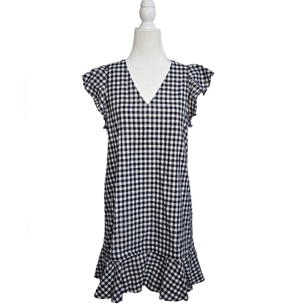 Madewell checkered black white and gray cap sleeve V-neck bell sleeves size 10